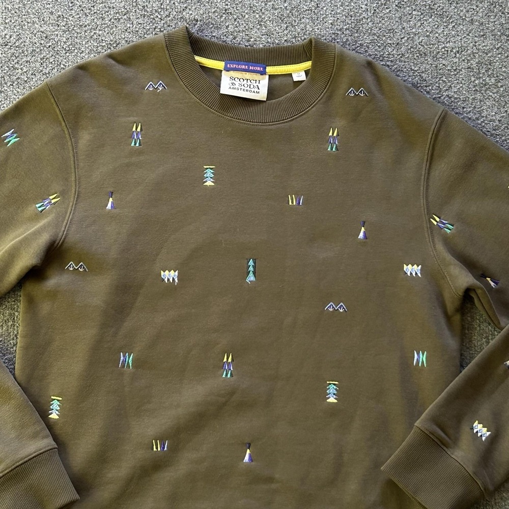Scotch & Soda Sweatshirt Mens Medium Green Embroidered Nature Fleece Pullover